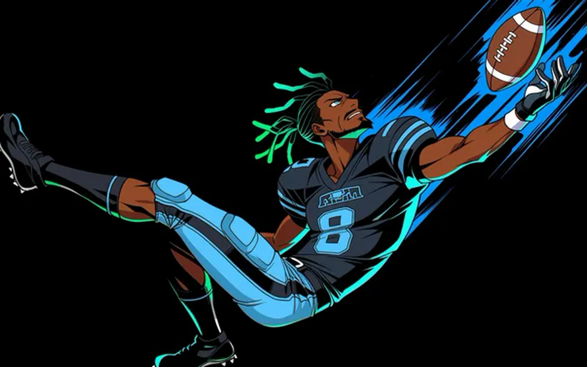 Team Lock: the wide receiver, falling right, reaches one-handed for the ball.